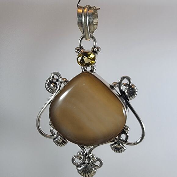 Brown Agate & Citrine Handmade Pendant – Sterling Silver Natural Stone Charm - Picture 1 of 10